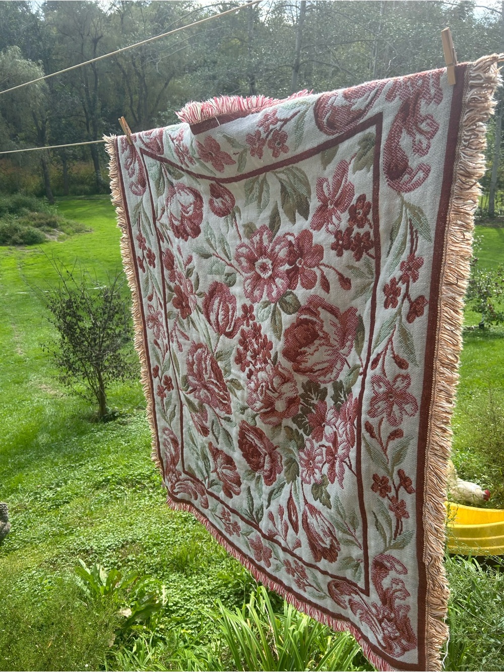 Woven Floral Reversible Throw Blanket in Rose fringe trim cottagecore